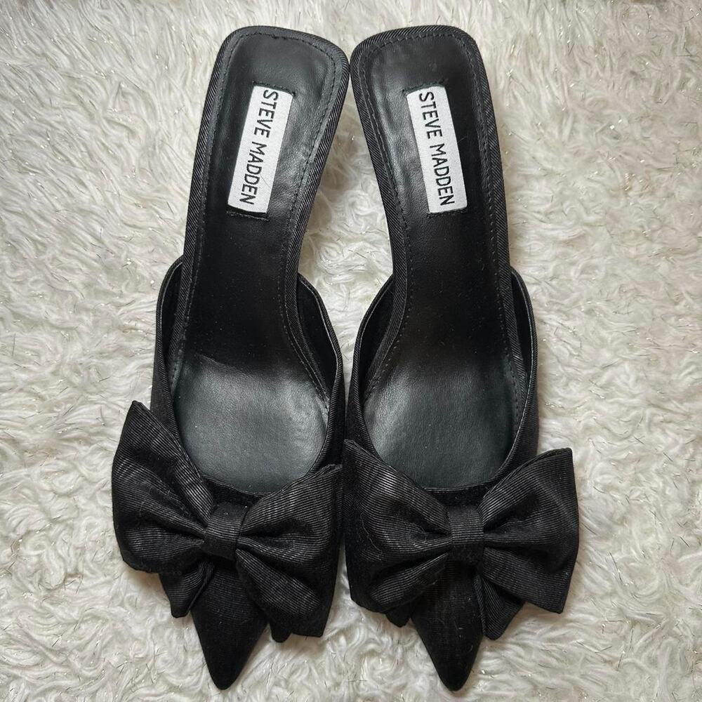 Steve Madden Y2K Black Bow Pointed Toe Mules Kitten Heel Slip On Pumps - Picture 6 of 6